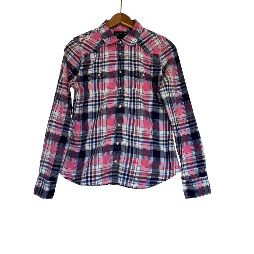 American Eagle Pink Plaid Western Pearl Snap Shirt Womens M Cotton Long Sleeve